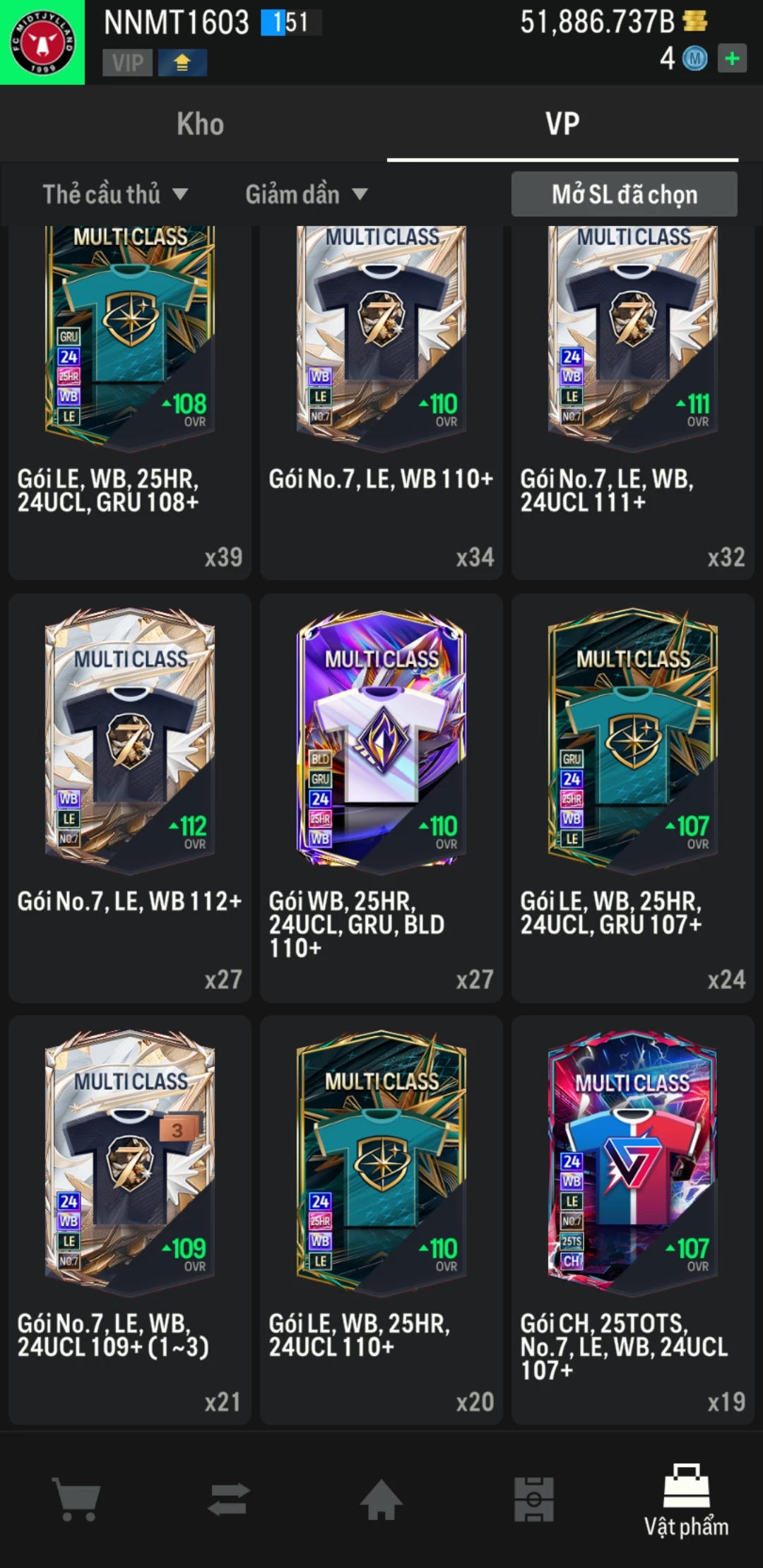 Ảnh ACC mở thẻ (LOẠI SVIP PROMAX) bao gồm có thẻ +12, Thẻ PRIME(QH+, CP+, XS+) và hơn 1500+ đến 1700+ thẻ cầu thủ từ Siêu sao đến Miền núi các loại. Acc có sẵn BP trắng từ 50.000 tỷ BP đến 62.000 tỷ BP